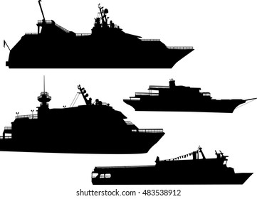 illustration with four ship silhouettes isolated on white background