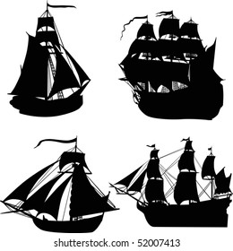 illustration with four ship silhouettes isolated on white background