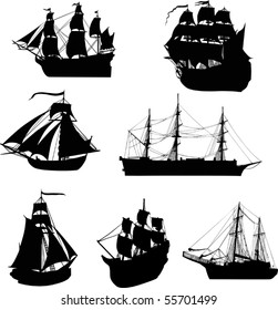 illustration with four ship silhouettes isolated on white background