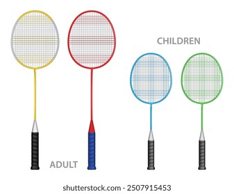 An Illustration of four shows two children's rackets and two adult rackets Colorful Badminton Rackets. shows three badminton rackets, each with a different color scheme. The left racket has a yellow 
