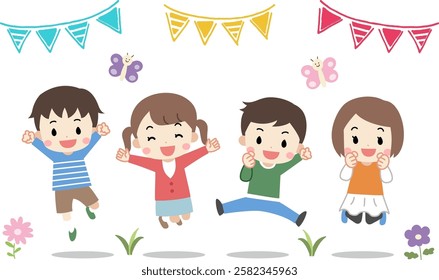 Illustration of four smiling children jumping