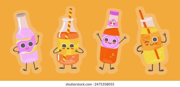 Illustration of four smiling soda bottles with faces and arms on an orange background. Cute cartoon character design for beverages. Flat style.