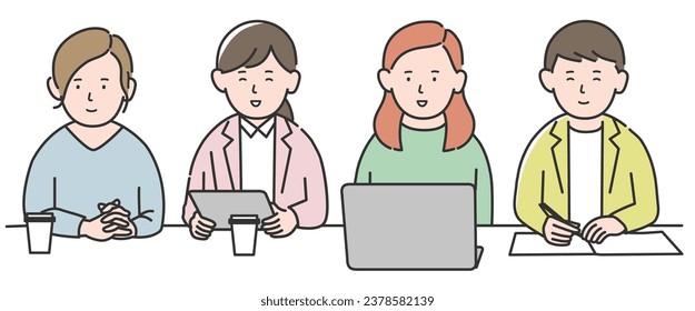 Illustration of four smiling young women sitting side by side