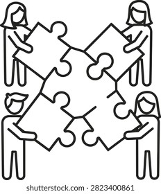 Illustration of four stick figures collaboratively assembling a large jigsaw puzzle, symbolizing teamwork, partnership, and problem-solving.