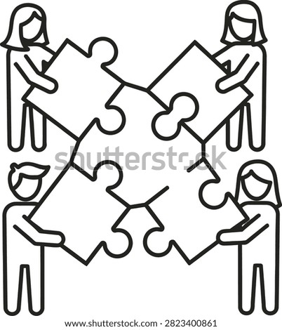 Illustration of four stick figures collaboratively assembling a large jigsaw puzzle, symbolizing teamwork, partnership, and problem-solving.