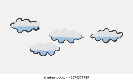 Illustration of four stylized clouds with blue and white hues. The clouds have a hand-drawn, artistic look, emphasizing a whimsical, airy feel. Vintage illustration isolated on white, vector.