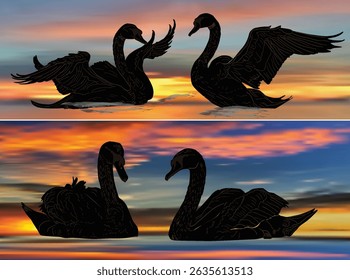 ilustração com quatro grupos de cisnes no fundo do pôr do sol