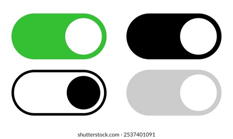 Ilustración de cuatro iconos de interruptor en diferentes estados: encendido, apagado, activo e inactivo, con colores verde, negro y gris.