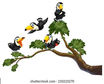 Ilustración de cuatro turistas en el árbol
