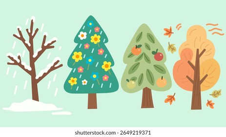 Illustration of four trees representing the seasons, winter with bare branches and snow, spring with flowers and rain, summer with green leaves and fruits, autumn with falling leaves and wind.
