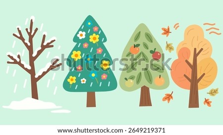 Illustration of four trees representing the seasons, winter with bare branches and snow, spring with flowers and rain, summer with green leaves and fruits, autumn with falling leaves and wind.