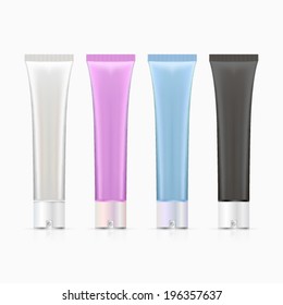Illustration of four tubes of cream. Colored tubes of cream with white lids. Four isolated vector illustrations on white.