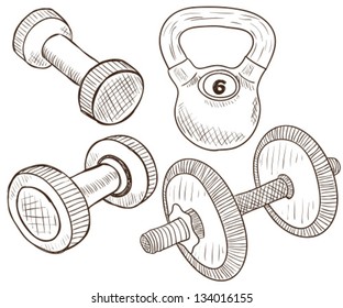 Illustration of four types of dumbbells, doodle style