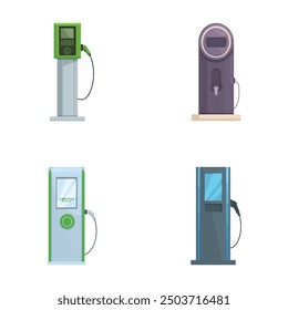Illustration of four types of electric vehicle charging stations isolated on white background