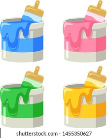 Illustration of four types of paint cans (pink, blue, green and yellow)