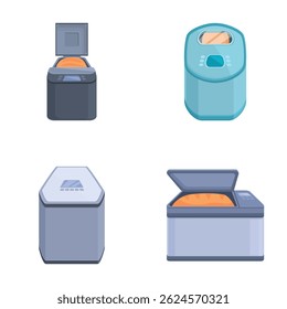 Illustration of four various types of modern home laundry washing machines on a white background