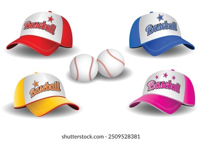 An illustration of four vibrant baseball caps in red, blue, yellow, and pink, each with the word "Baseball" printed on the front. The caps are accompanied by two baseballs placed in the center