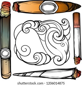 Illustration of four  vintage cigarettes and openwork smoke in the center.
Isolated vector image. Handdrawing image.