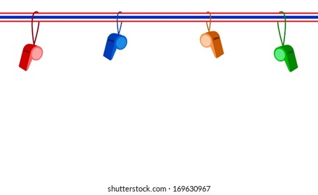 An Illustration of Four Whistles Hanging on Red, White and Blue Stripe Ribbon The Sport Concept and Democracy Symbol for Against Government and Corruption. 