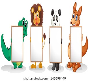 Illustration of the four wild animals with empty signboards on a white background