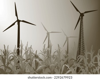 illustration with four wind power generator silhouettes in brown maize