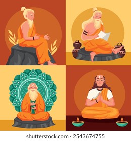 Illustration of four wise men in meditation and teaching poses, wearing traditional robes. Each is depicted in a different setting, with symbols of peace and wisdom, like lotus and lamps.