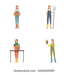 Illustration of four women in gardening attire with tools and plants