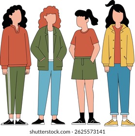 Illustration of four women standing side-by-side, each with unique hairstyles and outfits, showcasing diverse casual fashion styles.
