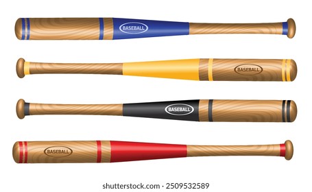 An illustration of four wooden baseball bats, each featuring a different color band on the handle—blue, yellow, black, and red. The bats have a natural wood grain finish and are labeled with the word 