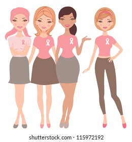 An illustration of four young women wearing  breast cancer awareness ribbon t-shirts