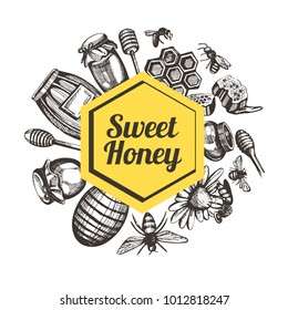 Illustration four your design. Honey,bank, glass, flower, honeycomb, barrel, bee