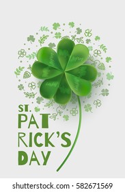 Illustration with four-leaf clover on St. Patrick's Day. Vector illustration with 3D-effect. There is room for text.