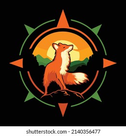 illustration of a fox animal with mountains and sunrise