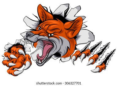 An illustration of a fox animal sports mascot cartoon character tearing through background