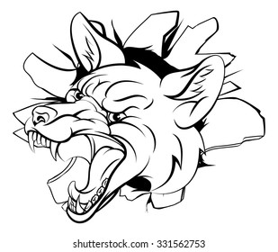 An illustration of a fox animal sports mascot cartoon character breaking through background