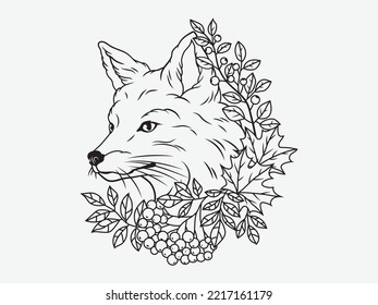 Illustration of a fox with an autumn wreath. Woodland animal. Fall branch. Cute forest animals in borders.