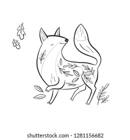 Illustration with fox in cartoon style. It can be used for design, cards, books, prints, tattoo