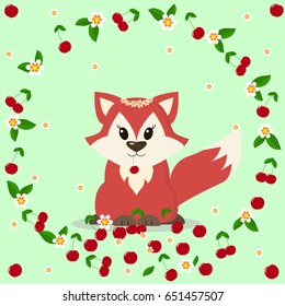 Illustration of a fox in a cartoon style that sits in a circle of flowers and cherries./Lovely fox with cherries and flowers.