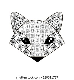 Illustration of fox, coloring anti-stress. Poster, invitation card on New Year's party, hand drawn, doodle