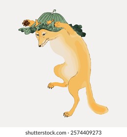 Illustration of a fox dancing with a pumpkin hat. The fox, with a pumpkin hat, appears playful. The pumpkin hat adds a whimsical touch to the dancing fox. Vintage art drawing illustration vector.