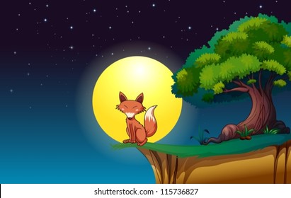 illustration of a fox in a dark night under a tree