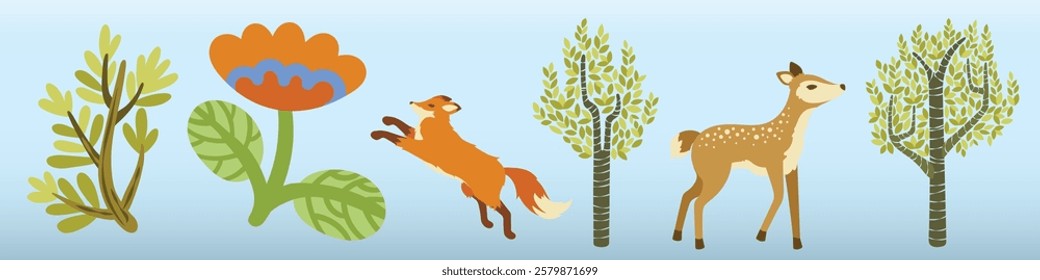 Illustration of a fox and a deer among trees and flowers. The fox leaps, the deer stands. Trees and flowers create a natural, serene scene with wildlife. Animal illustrations, isolated vector set.