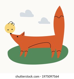 Illustration of a fox from a fairy tale with a kolobok want eat its on an isolated background. Dusty pastel colors. Modern flat style