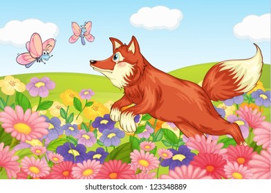 Illustration of fox and flies in beautiful garden