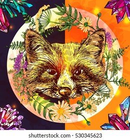 Illustration with fox. Hand drawn vector background with wildflowers and crystal. Boho style drawing. Us for print for t-shirt; smart phone; poster; web.