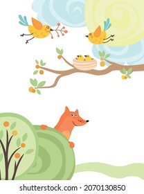 Illustration of a fox hiding behind a bush and watching chicks in the nest.