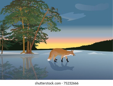 illustration with fox on frozen lake