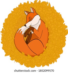 Illustration fox on the leaves background, for the design of cards, notebooks, tags and stickers.
