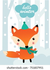Illustration of a fox on the winter background