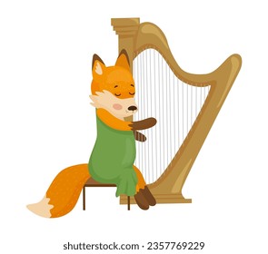 Illustration of a fox playing a harp. Children's art of a cute animal for illustrating clothes, toys and other goods for kids.